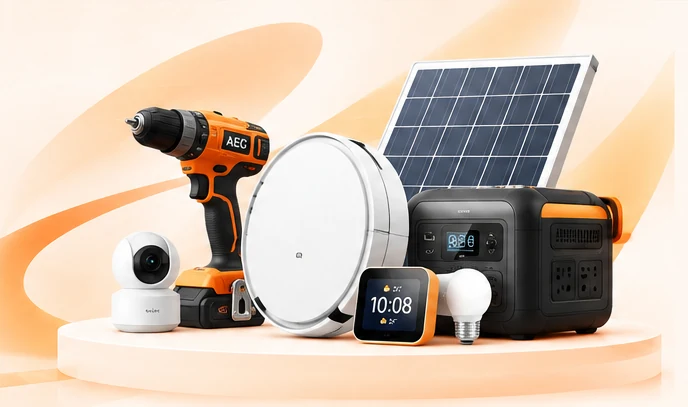 Máy khoan pin, robot hút bụi, tấm pin mặt trời, trạm sạc, camera và đồng hồ thông minh trên bệ trưng bày